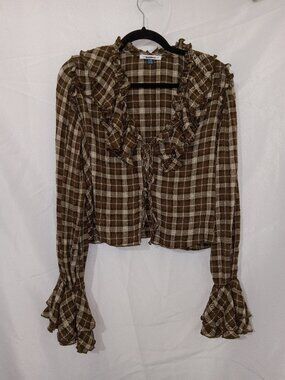 Vintage Y2K American Eagle Sample Blouse M Brown Plaid Ruffle Bell Sleeve Crop